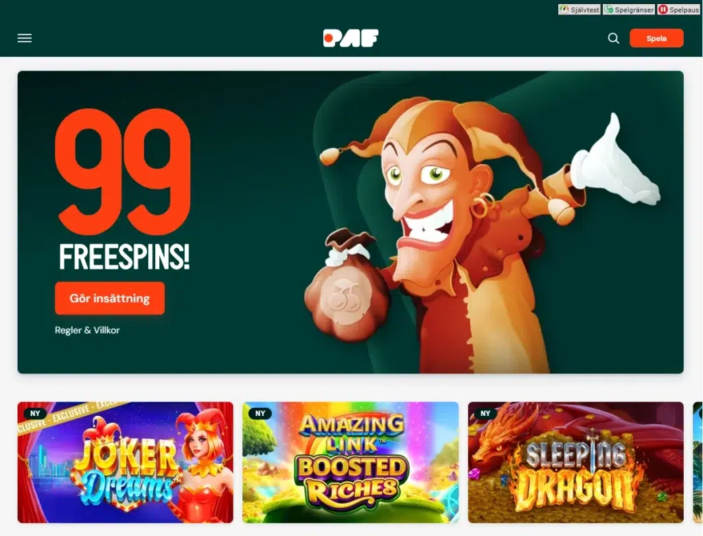 Pafin bonussivu, jossa näkyy ilmaiskierroksia ja vihreä kampanjailme