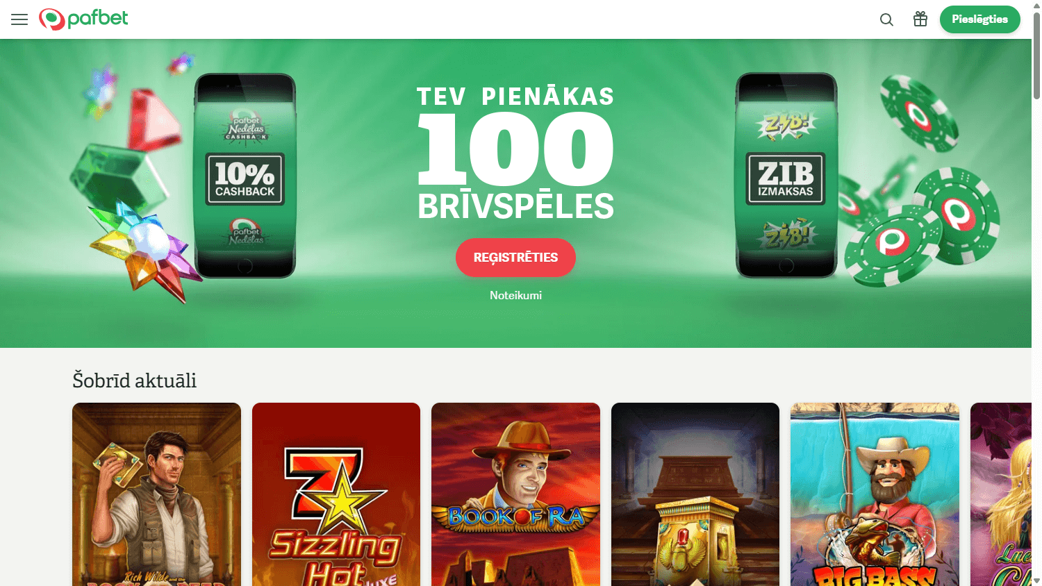 Paf mobiilikasino etusivu vihreällä ilmeellä